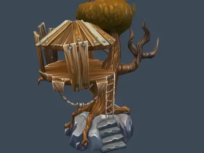Cartoon Old Wooden House on the Tree Low-poly 3D model
