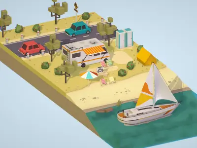 isometric camping scene on the river  Low-poly 3D model