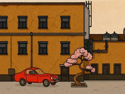 Red Car with Building and Tree Low-poly 3D model