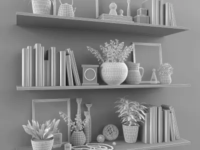 Decorative set shelves with plants and books Low-poly 3D model