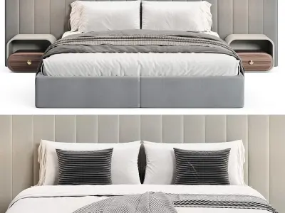 Walvia Gray Velvet Luxury Wide Headboard Bed 3D model buy