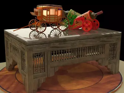 Chinese table with wine bottle and stagecoach 3D model