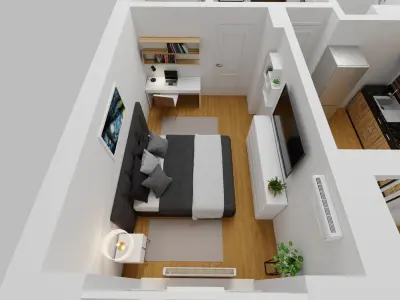 Small 1-bedroom apartment floor plan with balcony Free 3D model
