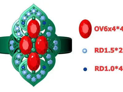 Quad Oval Ruby Diamond Halo Ring 3D print model