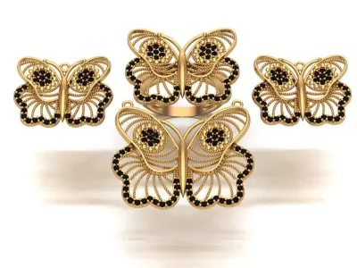 Jewelry gold butterfly ring set with diamonds 3D print model