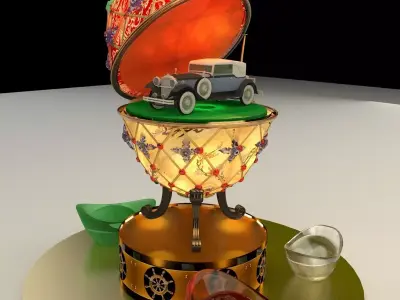 Chinese gold ingot with egg and antique car 3D model