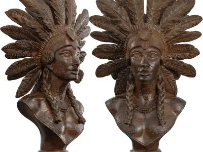 Artistic Bust with Feathered Headdress - Aged Bronze Sculpture 3D model