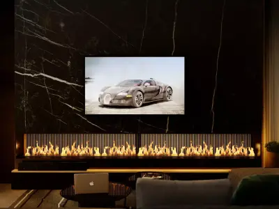 chemine living room with fireplace and car on wall 3D model