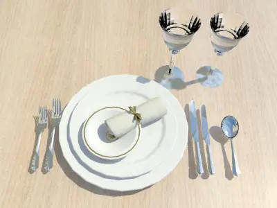 dinner set table setting with silverware and glasses Free low-poly 3D model