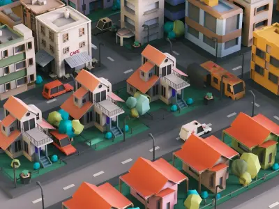 Simple City Town Low Poly Assets VR - AR - Game 3D model Low-poly 3D model