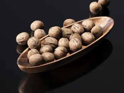 Walnut in a wooden nut bowl Low-poly 3D model