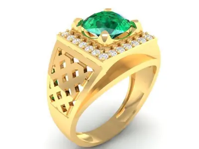 Luxury Mens Signet Ring with Emerald and Diamond Halo Jewel  392 3D print model