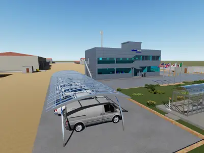 office building with flags Low-poly 3D model