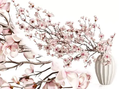Magnolia Blossom Branches in White Ceramic Vase 3D model