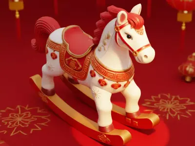 Festive Chinese New Year Rocking Horse Toy Red Gold Low-poly 3D model