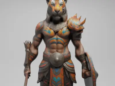 Tiger Warrior 3D Model Game-Ready Stylized Character  Low-poly 3D model