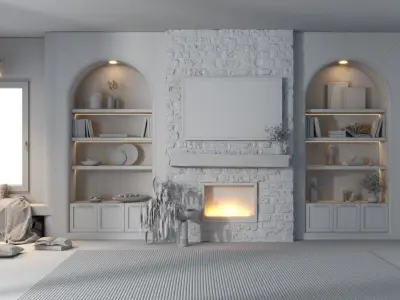 Realistic Bohemian Wall Design Arched Shelves Stone Fireplace  3D model