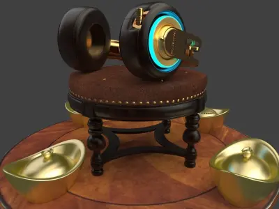 Chinese gold ingot  with neon headphone  3D model