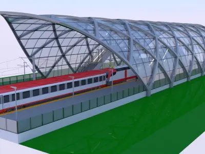 Railway station with train II 3D model
