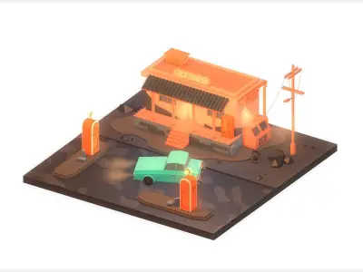 Gas Station Night Low Poly Low-poly 3D model