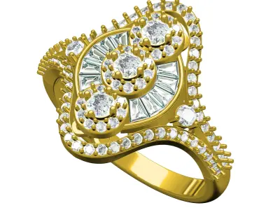 Three Vertical Diamond Art Deco Ring 3D print model
