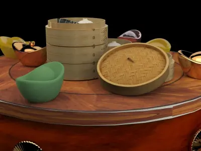 Chinese bamboo steamer with rice roll 3D model