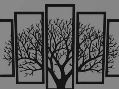 new vintage 5 frame tree panels 3d wooden wall decor Free 3D model