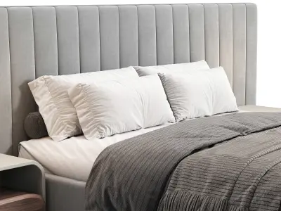 Walvia Gray Velvet Luxury Wide Headboard Bed 3D model buy