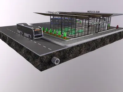 low-poly 3D PBR set City Bus station Low-poly 3D model