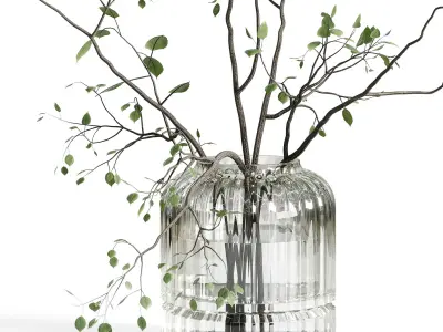 Branches plant with galss vase white bouquet 22 3D model