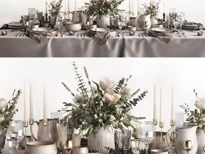 Tableware Set 2 table with silverware and flowers 3D model