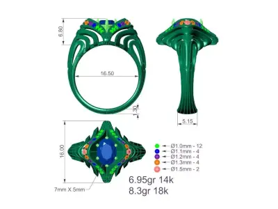Ornate Gold Ring with Sapphire and Diamonds 3D print model