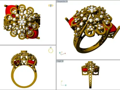 Ruby and Diamond Floral Filigree Ring 3D print model