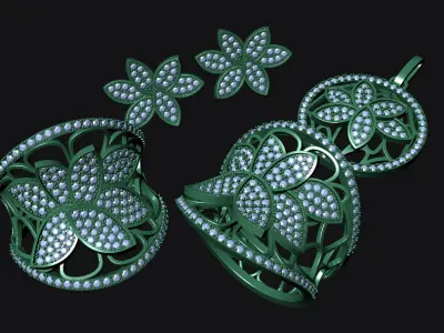 Gold and Diamond Jewelry Collection Ring Pendant Earrings 3D print model