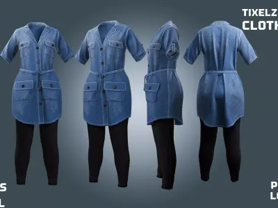 2 jeans Shirt Dress - clothyfic outfit Low-poly 3D model