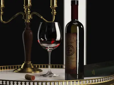 CHAIR MARBLE TABLE TABLE CANDLAND WINE BOTTLE STEPS BOOK Low-poly 3D model