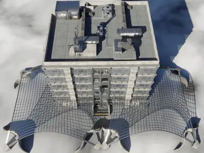 Dirty glass and concrete building with interior  Low-poly 3D model