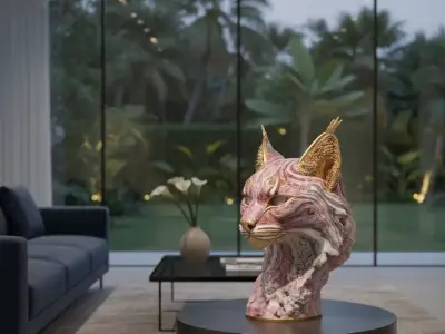 Luxury Pink Marble Cat Head Sculpture Gold Decor Piece Low-poly 3D model