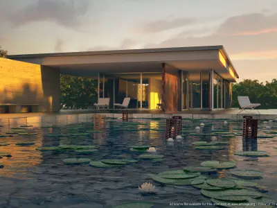 house with pond and water lilies Free 3D model