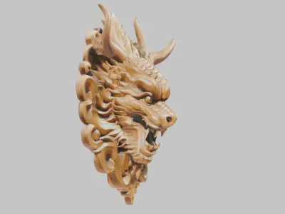 carved wooden dragon head bust Low-poly 3D model