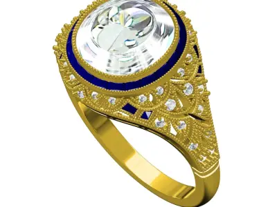 Unique Cushion Diamond Art Deco Ring 3D print model