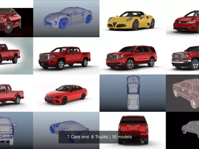 7 Cars and  6 Trucks 3D Model Pack
