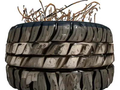 Worn Tire Planter Dry Grass Low-poly 3D model