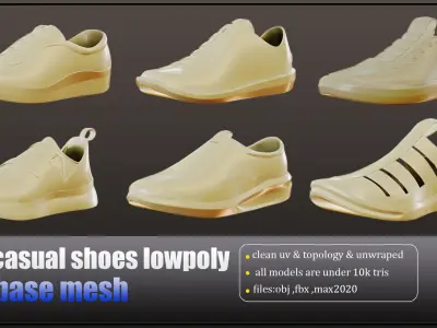 20 casual shoes lowpoly basemesh  Low-poly 3D model