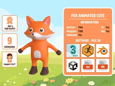 High-Quality 3D Cute Fox - Animated for Games Low-poly 3D model