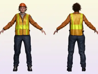 Female Construction Worker Character with Safety Vest Low-poly 3D model