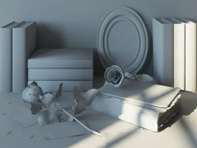 decorative set books and rose on table 3D model