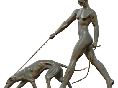 Bronze Human Walking Dog Sculpture Low-poly 3D model