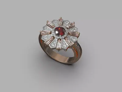 two pieces ring with round and baguette gemstone  3D print model