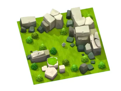 Cartoon Level Ground Tree Stone Cliff Low-poly 3D model